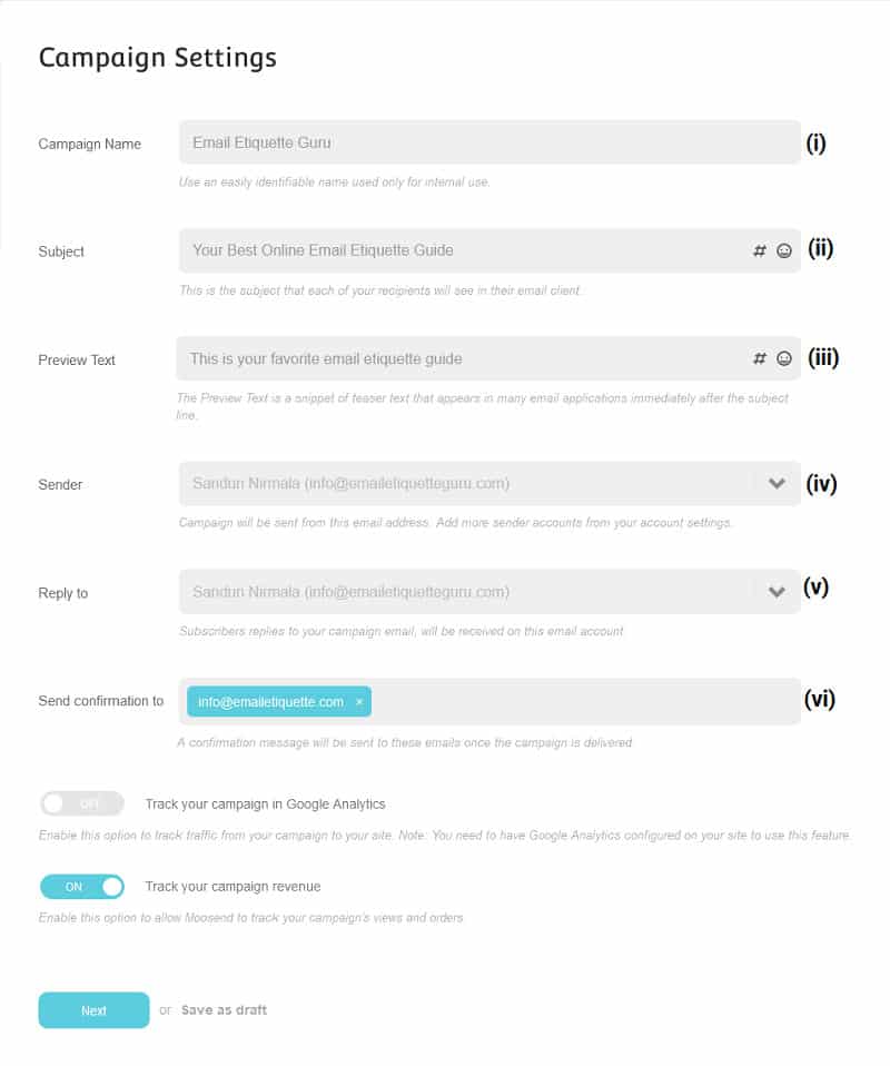 moosend email campaign settings